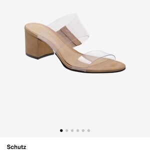 SCHUTZ Clear Strap Tan Block Heel Mules